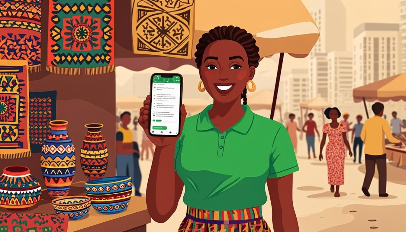 Vendeuse congolaise gérant sa boutique en ligne KinShop depuis son téléphone